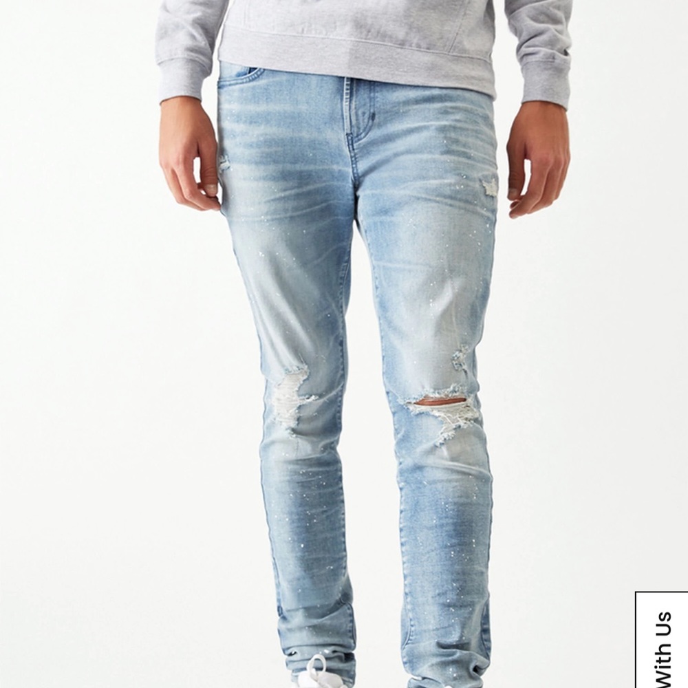Light blue denim pacsun jeans ( stacked skinny fit ) but fit like slim fit .